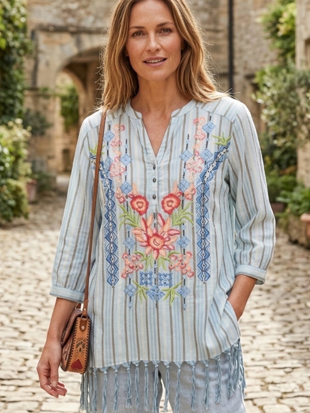 ARATTA Embroidered Light Blue Striped V-Neck Tunic